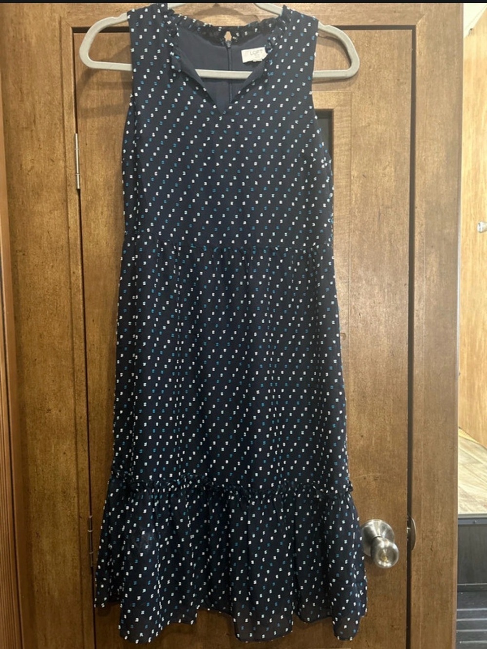 🎃LOFT Outlet Women's Navy Green Clip Dot Flounce Ruffle Hem Sleeveless Sz 6P - Picture 4 of 6